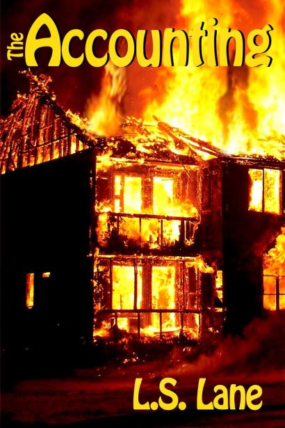 Book cover of "The Accounting" shows a home engulfed in flames.